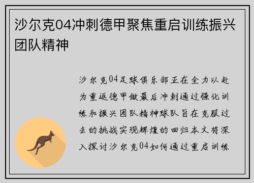 沙尔克04冲刺德甲聚焦重启训练振兴团队精神